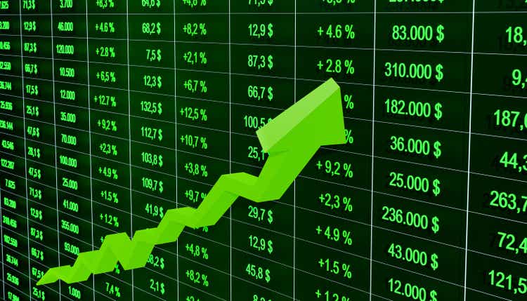 Business data sheet with numbers, prices and positive percentage changes and a rising green graph with arrow.