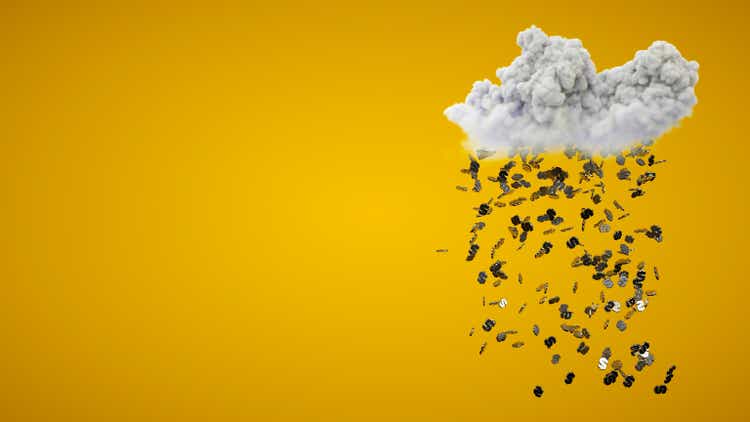 Raining money from cloud on yellow background.