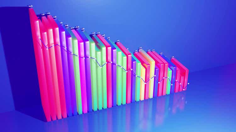 3d render. Abstract infographics background with multicolored 3d bars on blue bg. Downgrade graph from columns. Economic background with copy space. 3d bars as chart of statistic data.