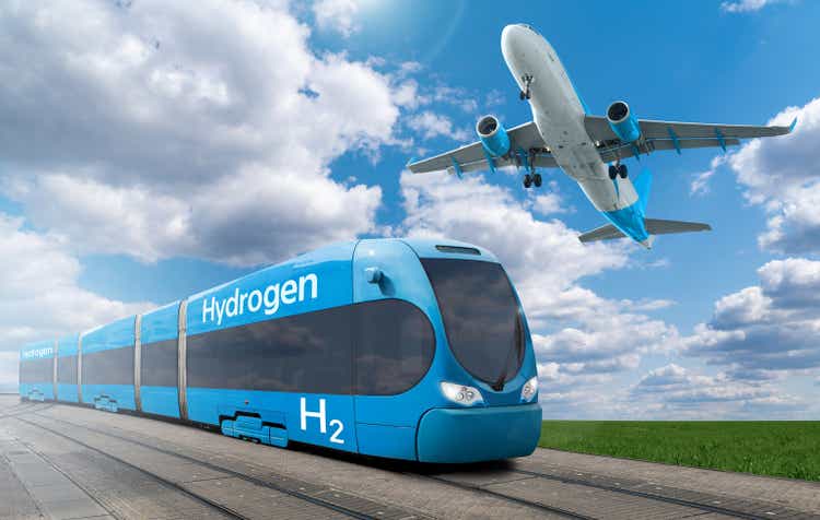 Ein Wasserstoff-Brennstoffzellen-Zug und ein Flugzeug