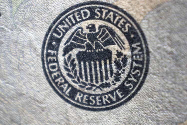 Federal reserve system symbol on twenty dollars bill closeup