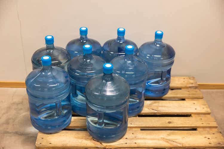 Close up view of water bottles on pallet. Health concept. Sweden.