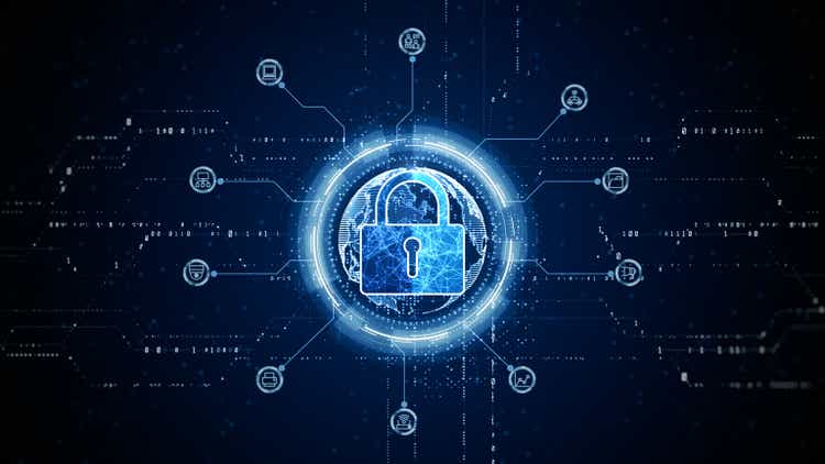 HUD Padlock Icon Cyber Security, Digital Data Network Protection, Future Technology Digital Data Network Connection Background Concept. 3d rendering