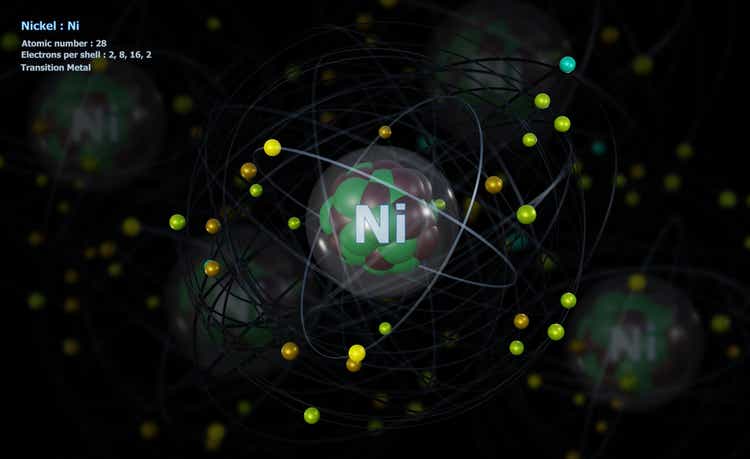 Atom of Nickel with detailed Core and its 28 Electrons with Atoms