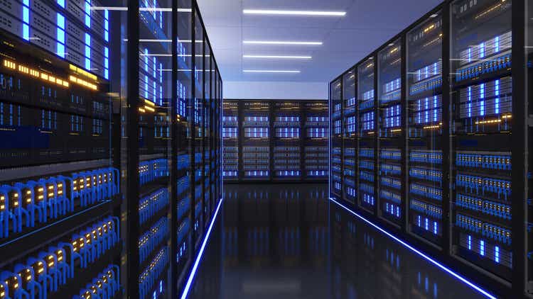 Shot of Data Center With Multiple Rows of Fully Operational Server Racks. Modern Telecommunications, Artificial Intelligence,large server area