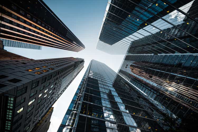 Business and Finance, Looking Up at High Rise Office Buildings in the Financial District of a Modern Metropolis