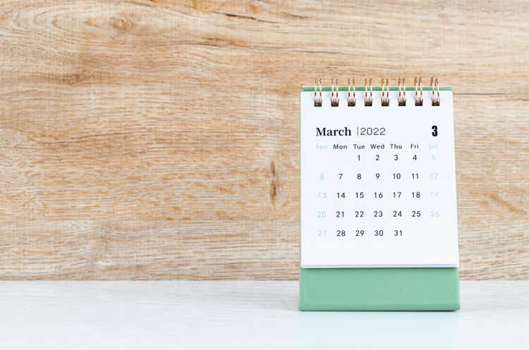 March calendar 2022 on wooden background.