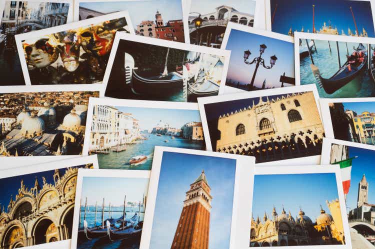 Collection of instant film travel holiday photos of Venice on a table