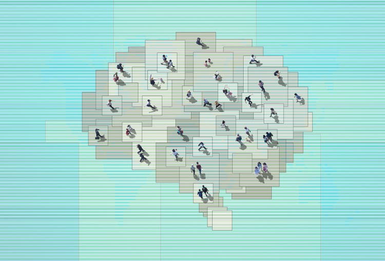 Image of people walking in a high-speed data space using AI