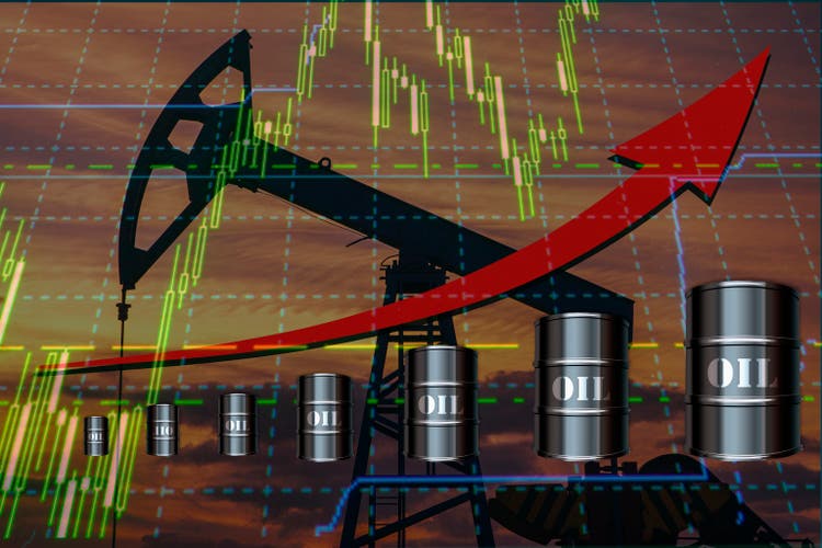 Oil and gas industry. Oil pump oil rig energy industrial machine for petroleum, Increase in oil production on the background of stock charts