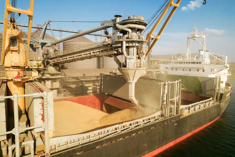 Loading grain into holds of sea cargo vessel through an automatic line in seaport from silos of grain storage. Bunkering of dry cargo ship with grain