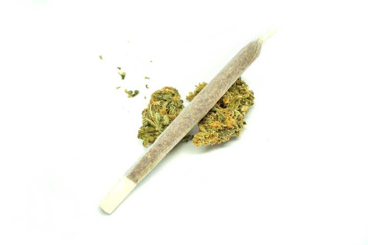 Big joint of marihuana and some cannabis buds isolated on white background. Marihuana cigarette and high quality buds