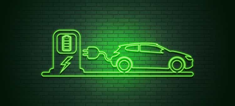 Green Electric Car With Charging Station Icon Sign On Brick Wall Background Concept