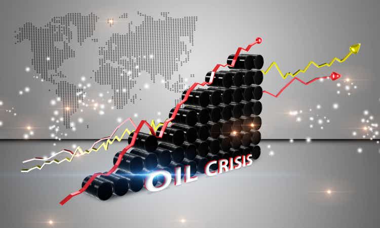 Group of barrels of oil with graphs of the stock market as a concept of raw material. Financial world crisis concept. 3D Render