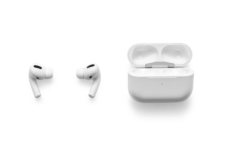 Apple AirPods Pro on white background, incuding clipping path. Wireless headphones and charging case