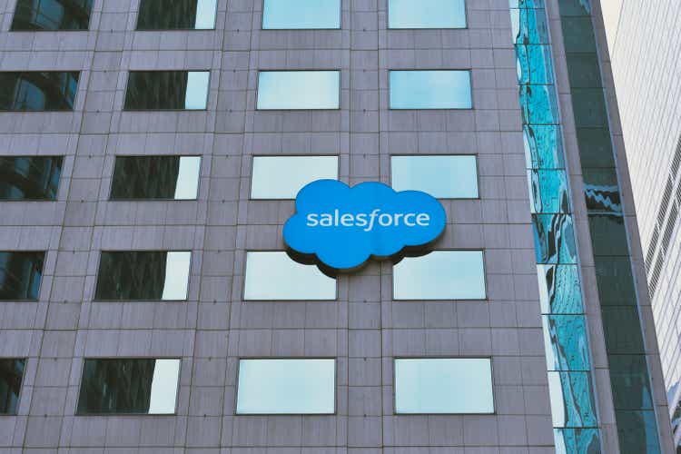 Salesforce West Tower displays the company logo