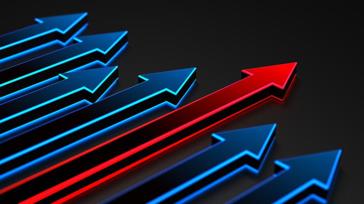 Success red arrow on black background. Standing out from the crowd. Lucky business achievements and leadership concept