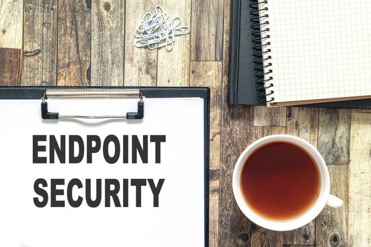 ENDPOINT SECURITY text written in a notebook next to a cup of tea, notebook, on a wooden background in the office. Business concept.