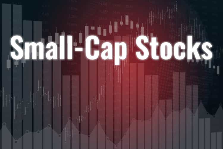 Financial term Small Capitalization Stocks on gray and red finance background from graphs, charts. Trend Up and Down, Flat. 3D render