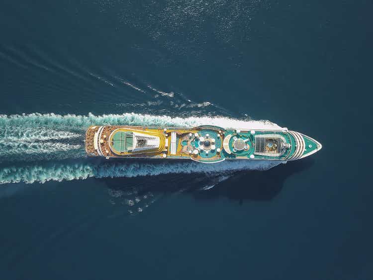 Aerial view large cruise ship at sea, Passenger cruise ship vessel, sailing across the Ksamil, Albania. View from drone.