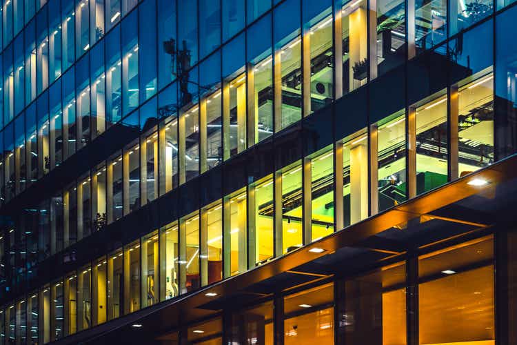 Illuminated office buildings in London