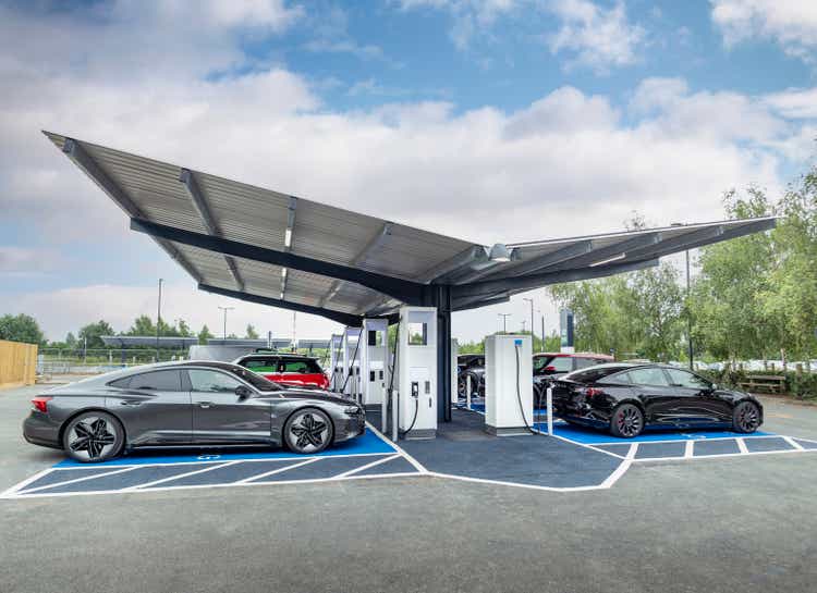 UK, York, Electric cars at charging station