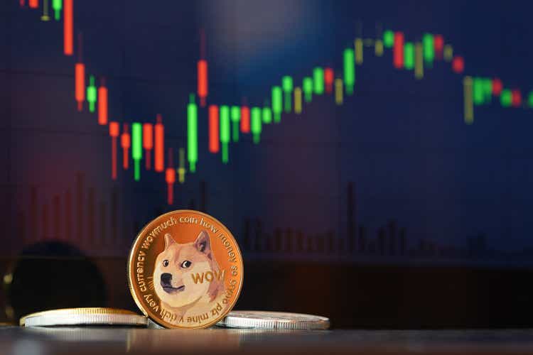 Dogecoin standing in front with background of the currency chart, New concept cryptocurrency virtual money is the future of digital currency online financial payments.