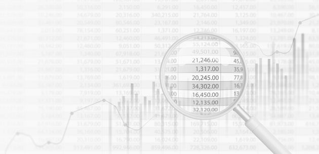 Audit accounting of finance business report concept or accountant financial budget tax document analysis account balance and market chart calculator on magnifying glass 3d background with bookkeeper.