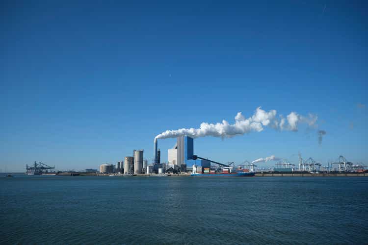 ROTTERDAM, THE NETHERLANDS The Uniper coal power plant in full operation with smoking chimneys at the Maasvlakte near Rotterdam in the Netherlands.