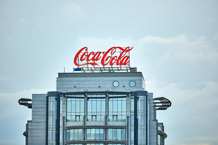Moscow, Russia, May 8, 2019. Coca-Cola advertising on the roof of a building in the city center