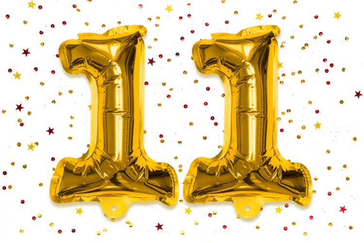 The number of the balloon made of golden foil, the number eleven on a white background with multicolored sequins.