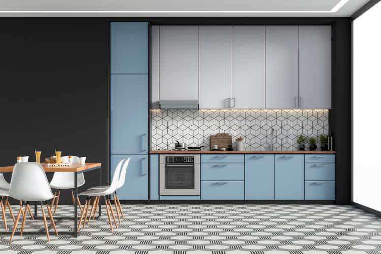 Modern kitchen and dining area on retro tiled floor