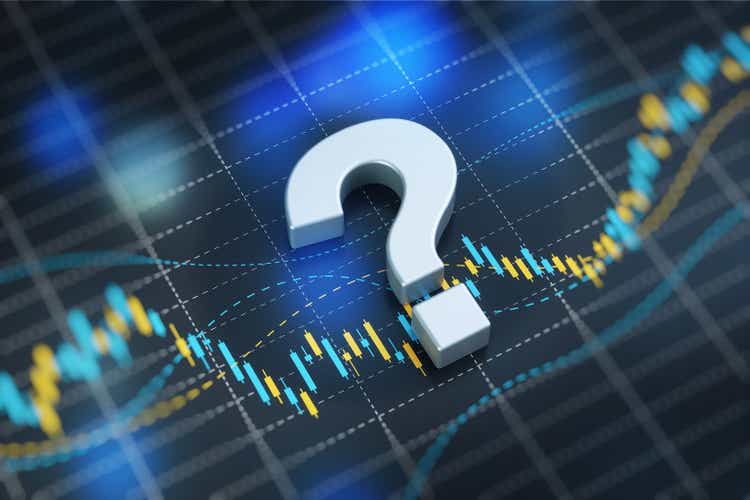 Question Mark Sitting over Blue Financial Bar Graph - Stock Market and Finance Concept