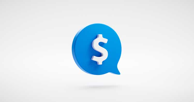 Blue money symbol or dollar cash coin icon message bubble and financial business payment currency symbol isolated on white 3D background with investment commerce exchange finance wallet savings credit.
