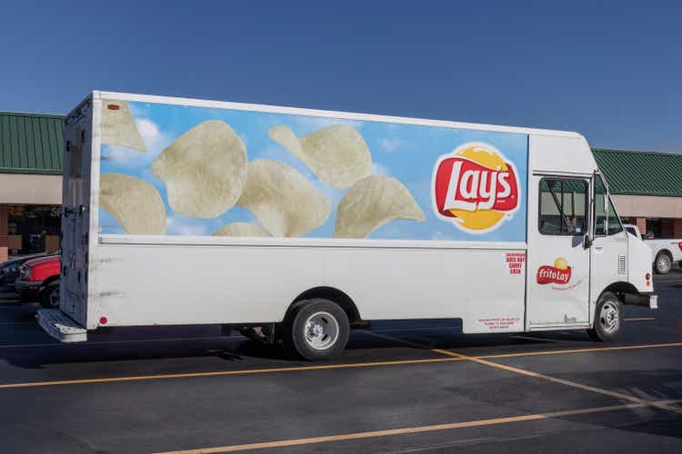 Frito-Lay snack food delivery truck. Frito-Lay is a subsidiary of PepsiCo that manufactures chips and other salty foods.