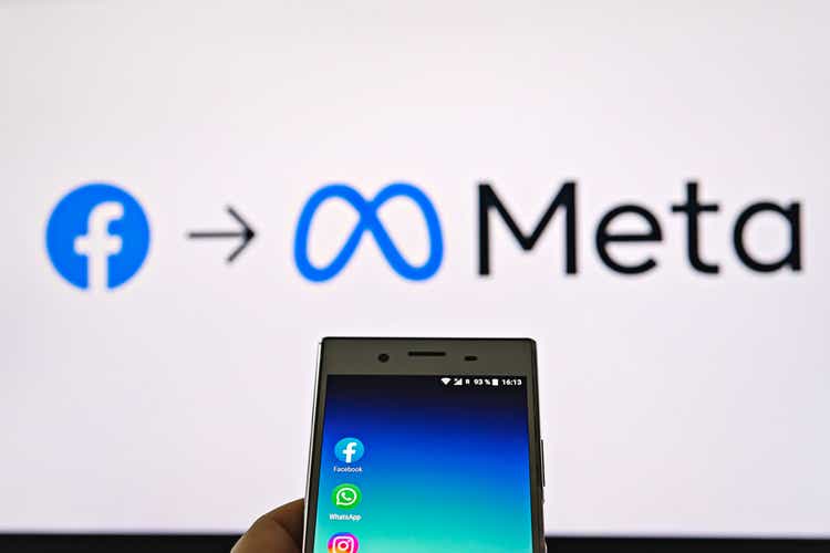 Mobile display with logo of Facebook, WhatsApp and Instagram apps in hand against blurred META logotype on white monitor