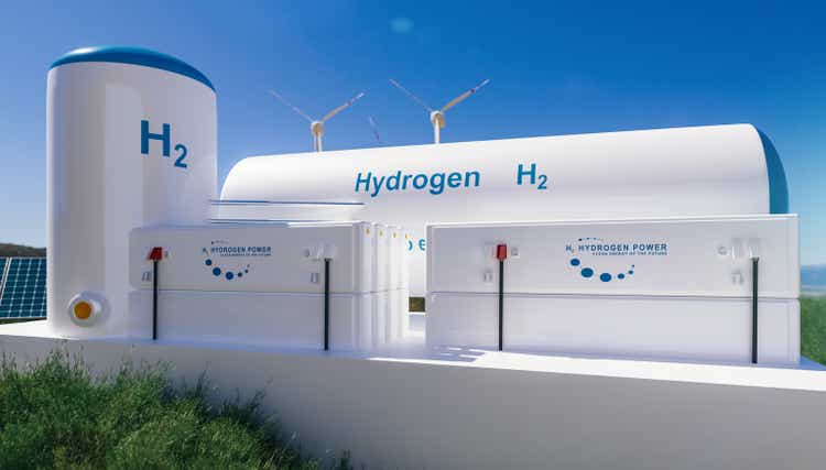 Hydrogen H2 renewable energy production - hydrogen gas for clean electricity solar and windturbine facility