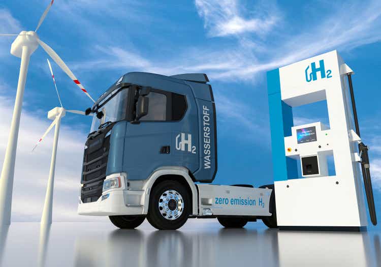 Wasserstoff-Logo auf Tankstellen-Zapfsäule. h2 Verbrennungs-LKW-Motor für emissionsfreien umweltfreundlichen Transport