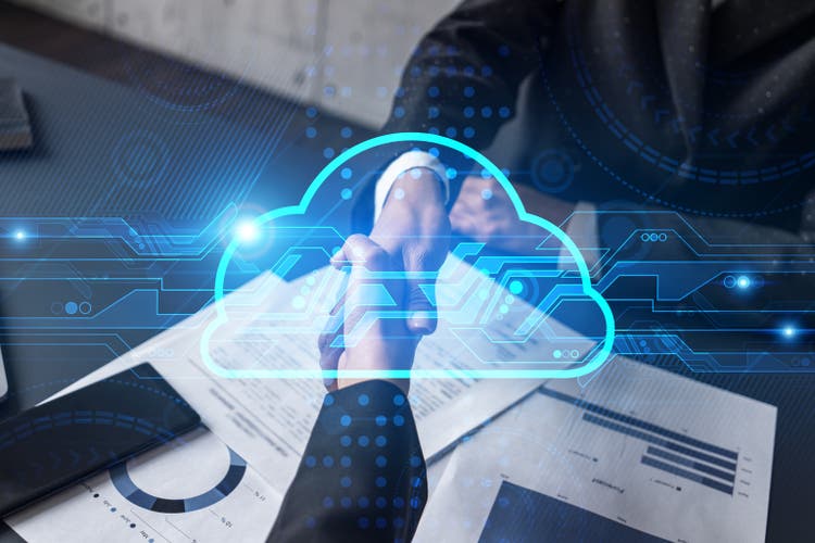 Multiexposure of two businesspeople handshake and data cloud icon hologram drawing background. Concept of store information. Formal wear.