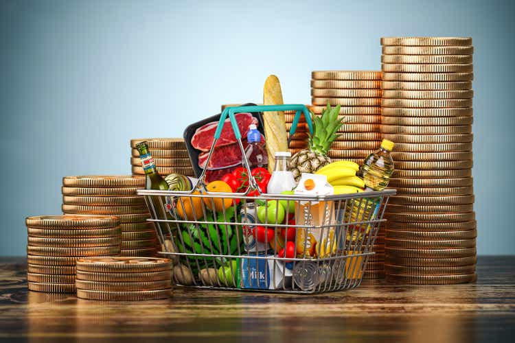 nflation, growth of food sales or growth of market basket or consumer price index concept. Shopping basket with foods and coin stacks.