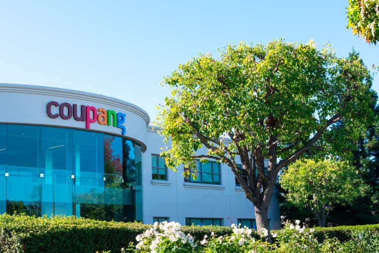 Coupang logo, sign on company headquarters in Silicon Valley.