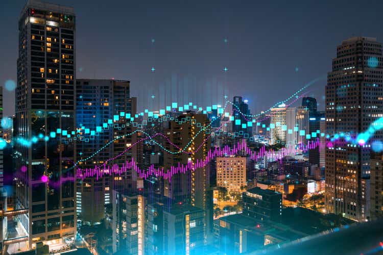 FOREX graph hologram, aerial night panoramic cityscape of Bangkok, the developed location for stock market researchers in Asia. The concept of fundamental analysis. Double exposure.