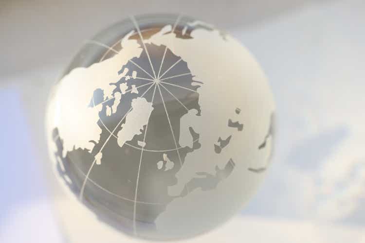 Closeup of glass transparent globe with world map