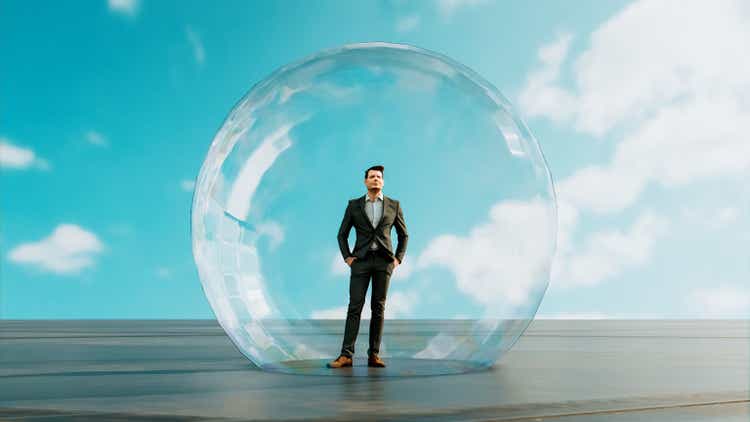 Man is alone and isolated in his own bubble outside