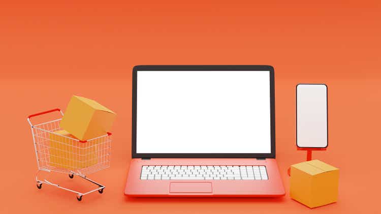 3D Illustration blank screen orange Laptop and red smart phone with cart yellow box package on light orange Background, colorful Laptop Computer and mobile with white display.
