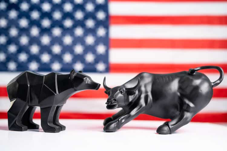 stock market bull and bear with american flag as background - Concept of investment in US equity shares market.