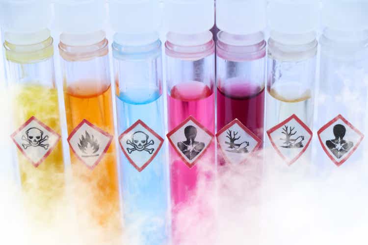 Chemicals in test tubes and symbols used in laboratory