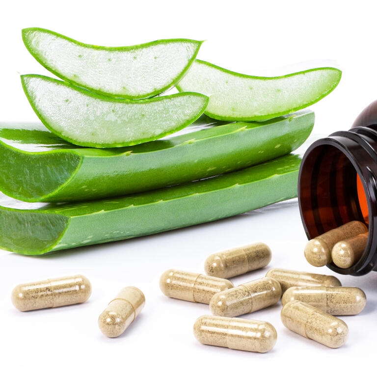 Green fresh aloe vera slice and medicine herbal capsule