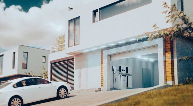 Ein Konzept für ein Heim-Wasserstoffsystem zur Speicherung von Solarenergie und zur Stromversorgung von Elektro- und Wasserstoffautos. Ein modernes Haus mit offener Garage und einem Auto im Nachmittagslicht. 3D-Rendering.