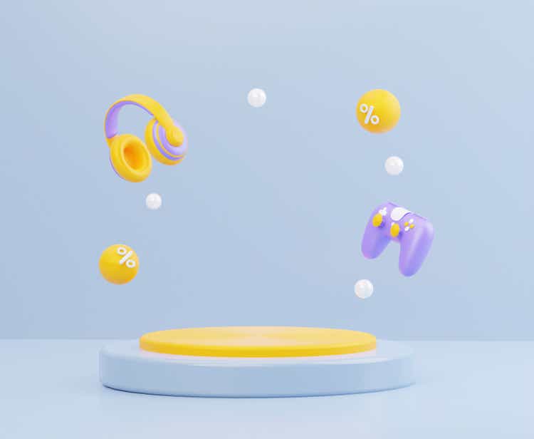 Podium with technology. A game controller and headphones. In yellow and purple tones and a pastel blue background. 3D rendering illustration